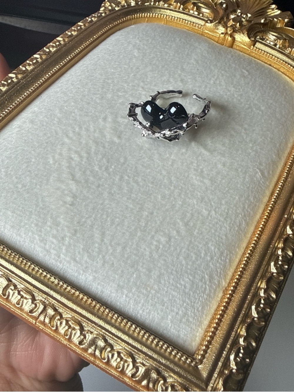 Silver-Tone Adjustable Ring with Black Heart Accent - Women's Jewelry